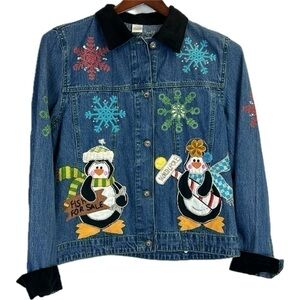 Bleu Bayou Women’s Winter Holiday Snowflake Snowman Jean Jacket Rhinesto…